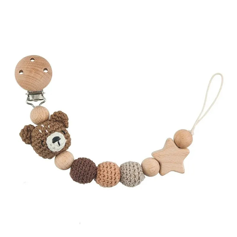 Attache-tétine en Bois et Coton Crocheté