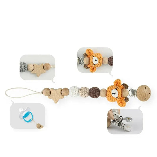 Attache-tétine en Bois et Coton Crocheté