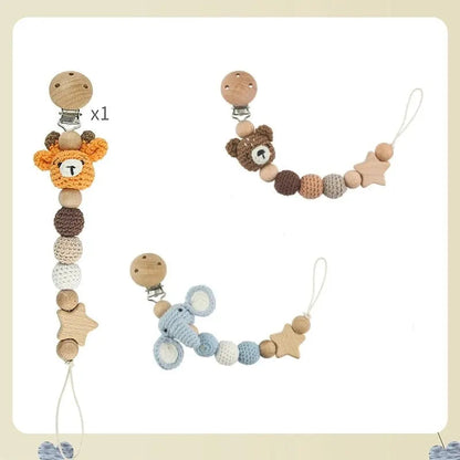 Attache-tétine en Bois et Coton Crocheté