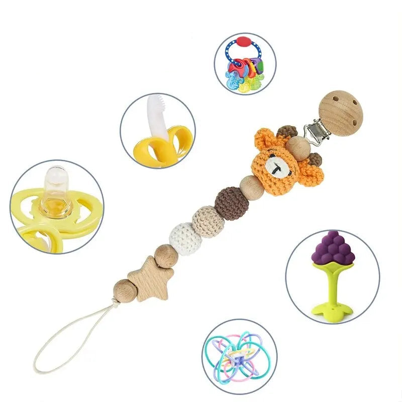 Attache-tétine en Bois et Coton Crocheté